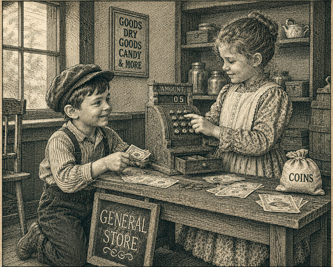 Children playing store in he late 1800's'